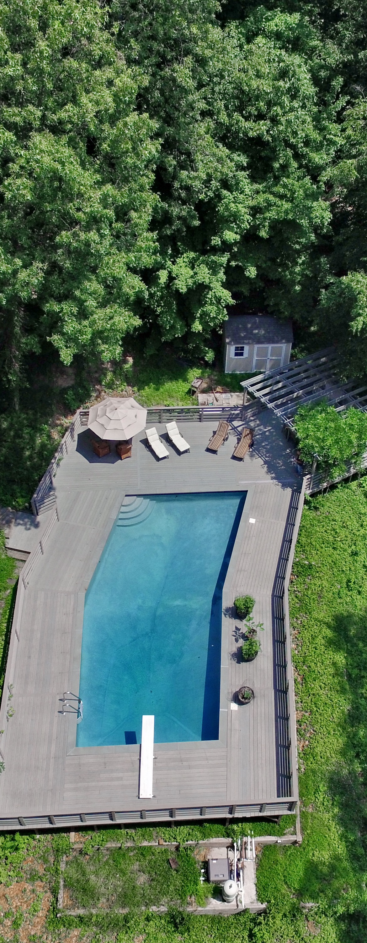 Aerial — the existing pool terrace, set apart in its own clearing