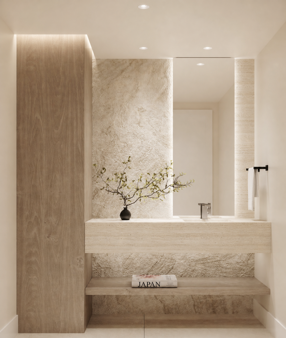 Render — travertine and white-oak powder room
